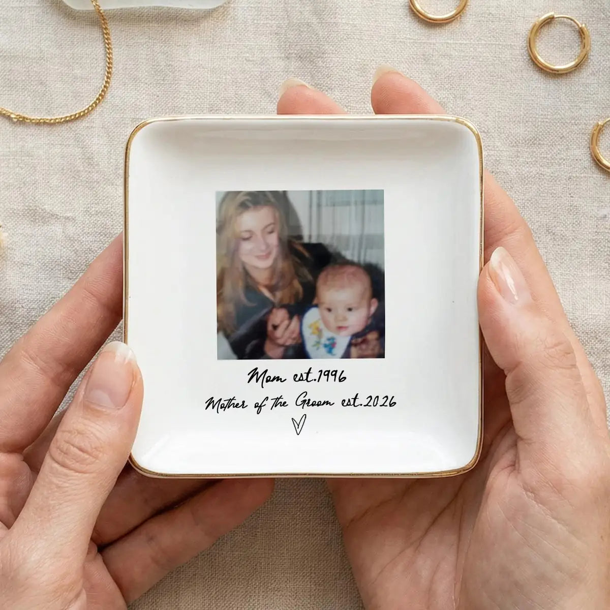 Custom photo wedding ring dish displayed elegantly on wooden bedroom nightstand