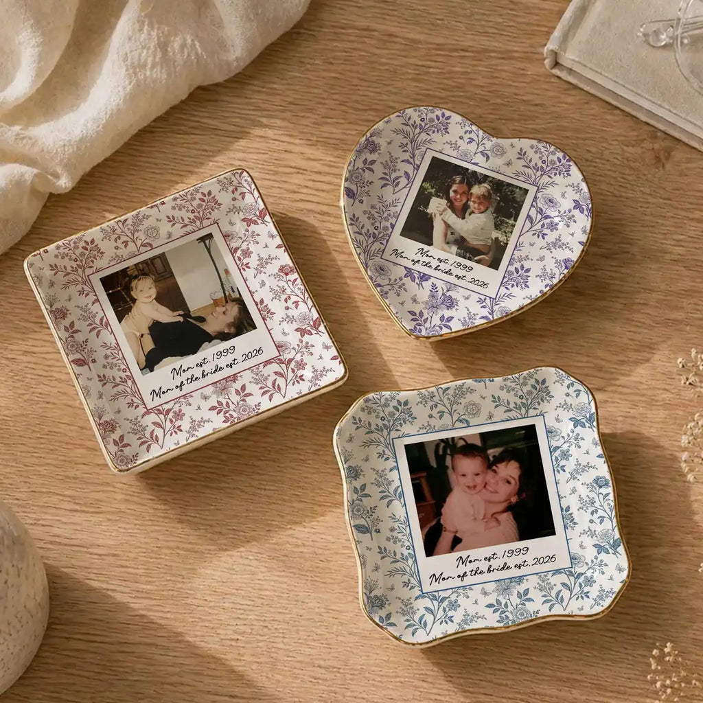 Close-up detail of glossy ceramic finish and gold rim on personalized wedding trinket tray