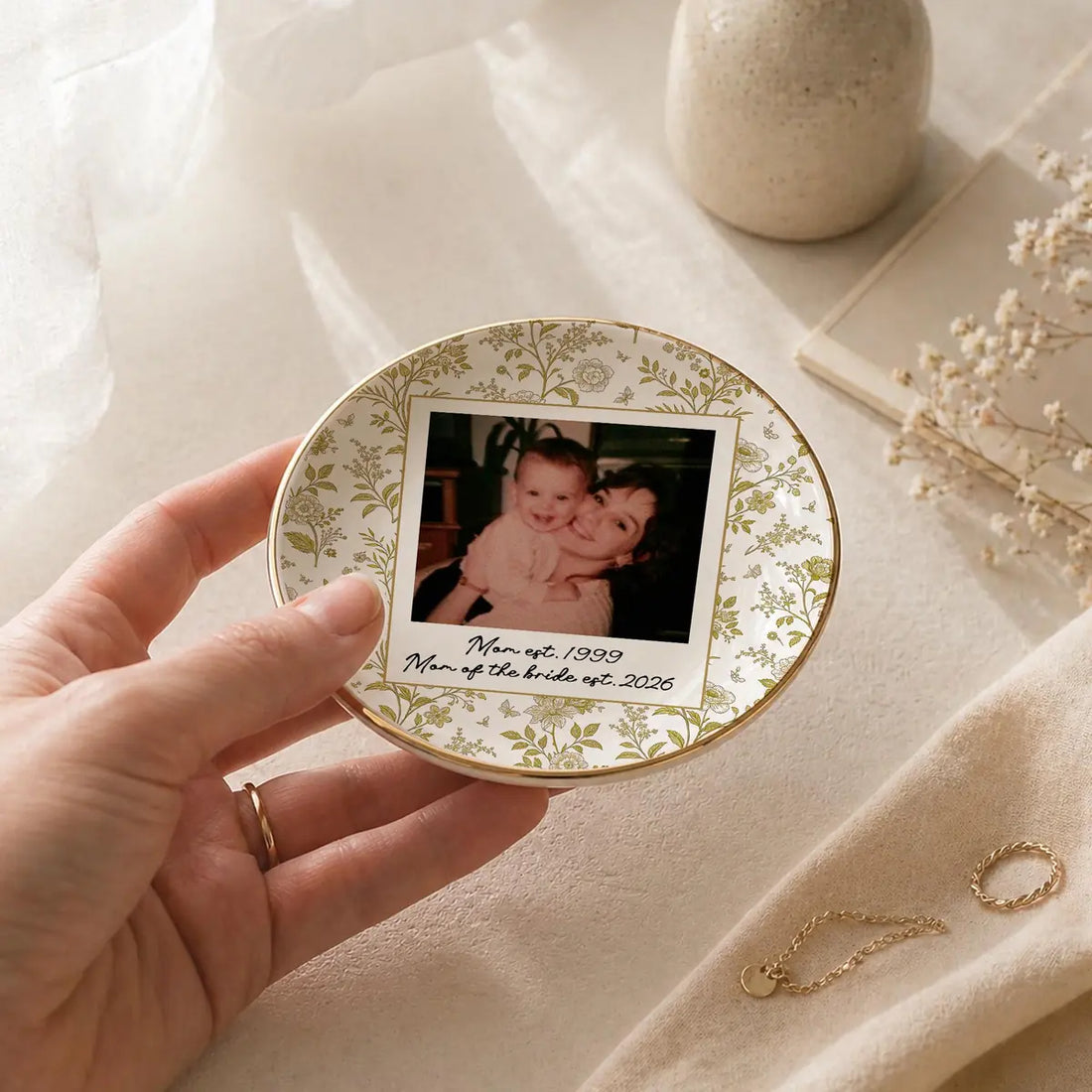 Personalized ceramic ring dish with custom photo and text for wedding, main front view