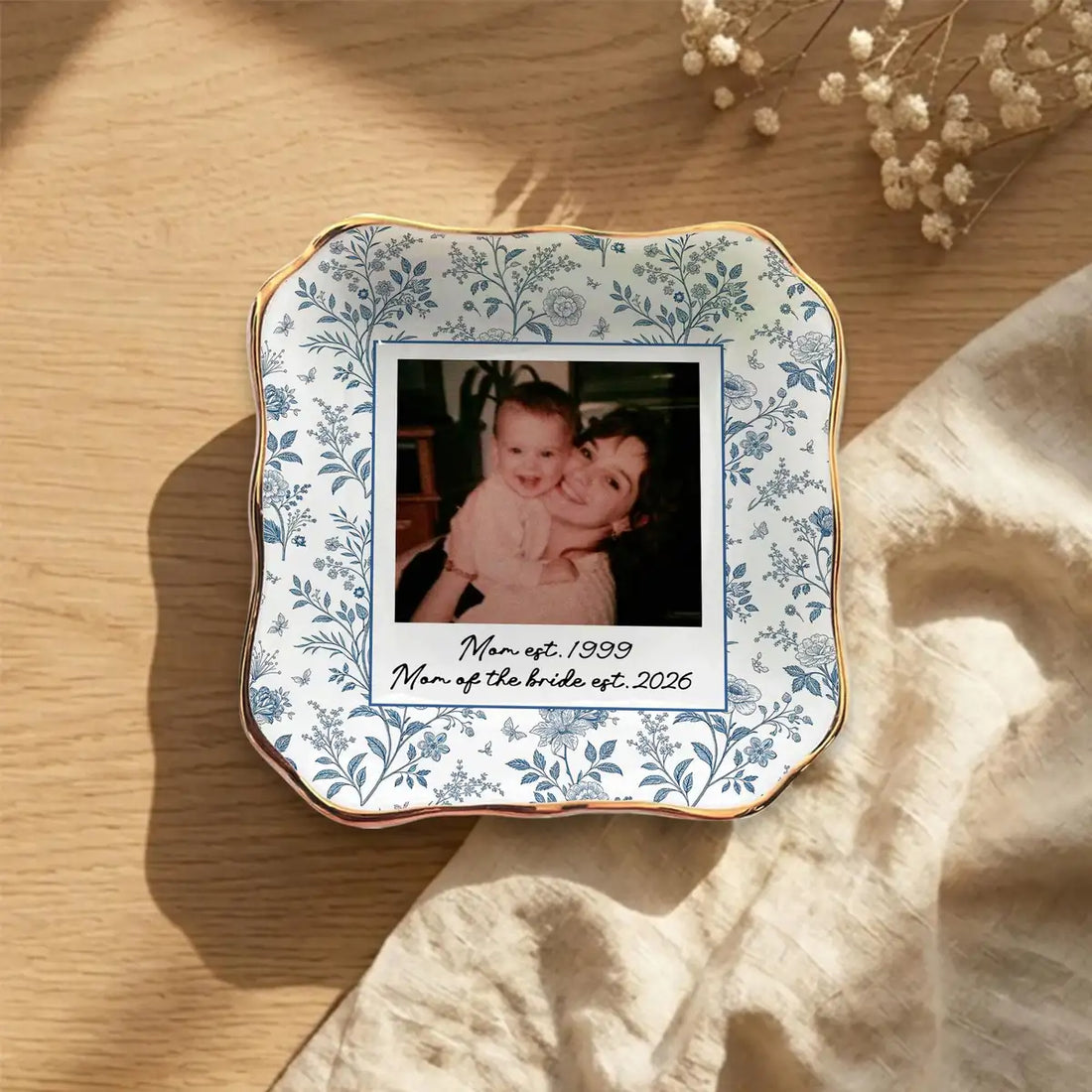 Personalized ceramic ring dish with custom photo and text for wedding, main front view