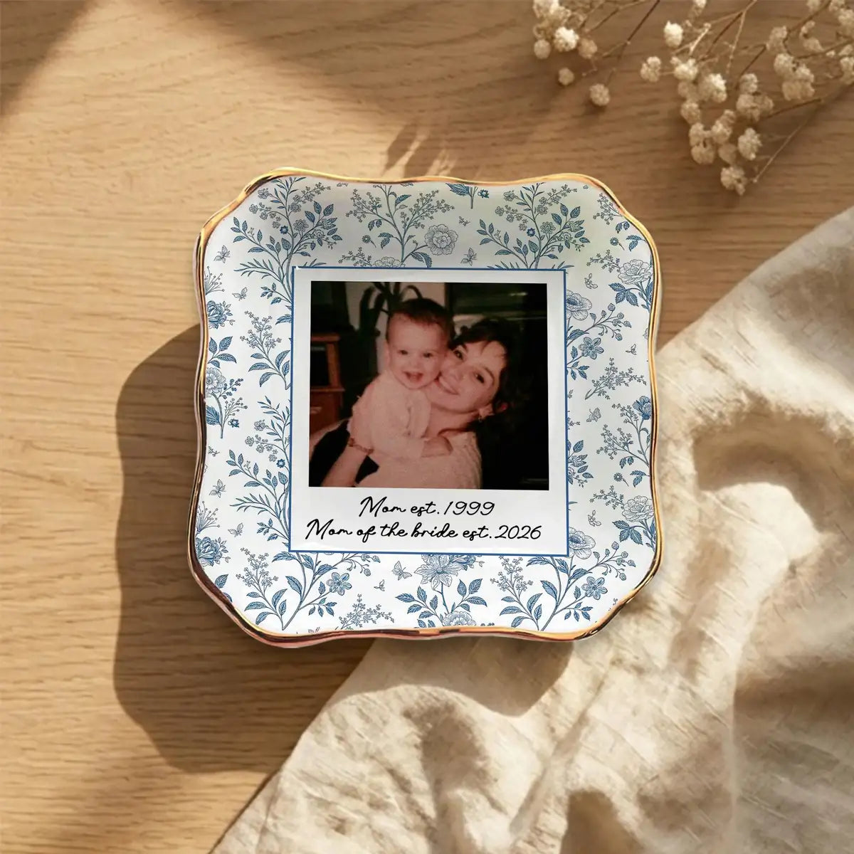 Personalized ceramic ring dish with custom photo and text for wedding, main front view