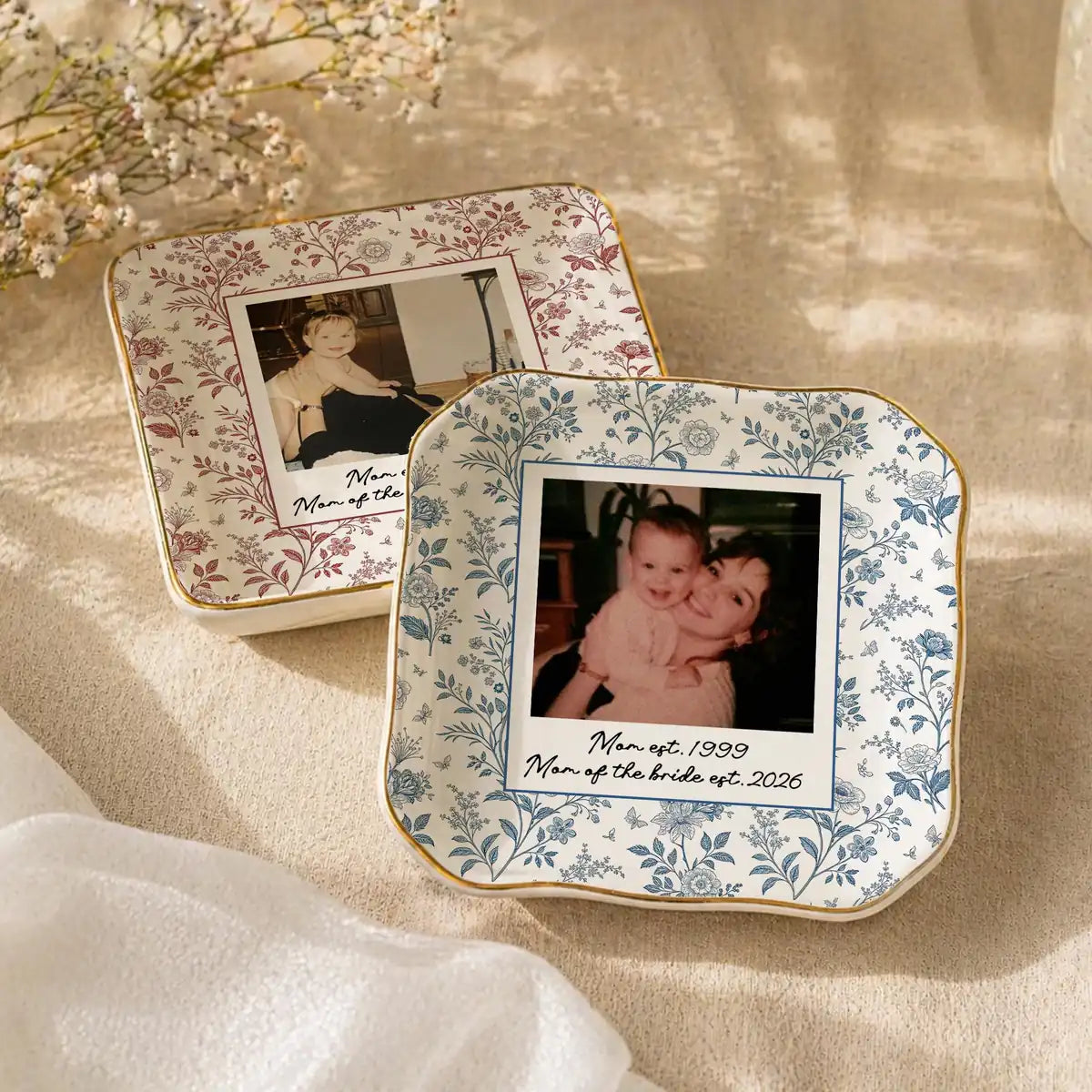 Custom photo wedding ring dish displayed elegantly on wooden bedroom nightstand