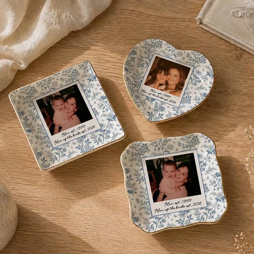 Custom photo wedding ring dish displayed elegantly on wooden bedroom nightstand