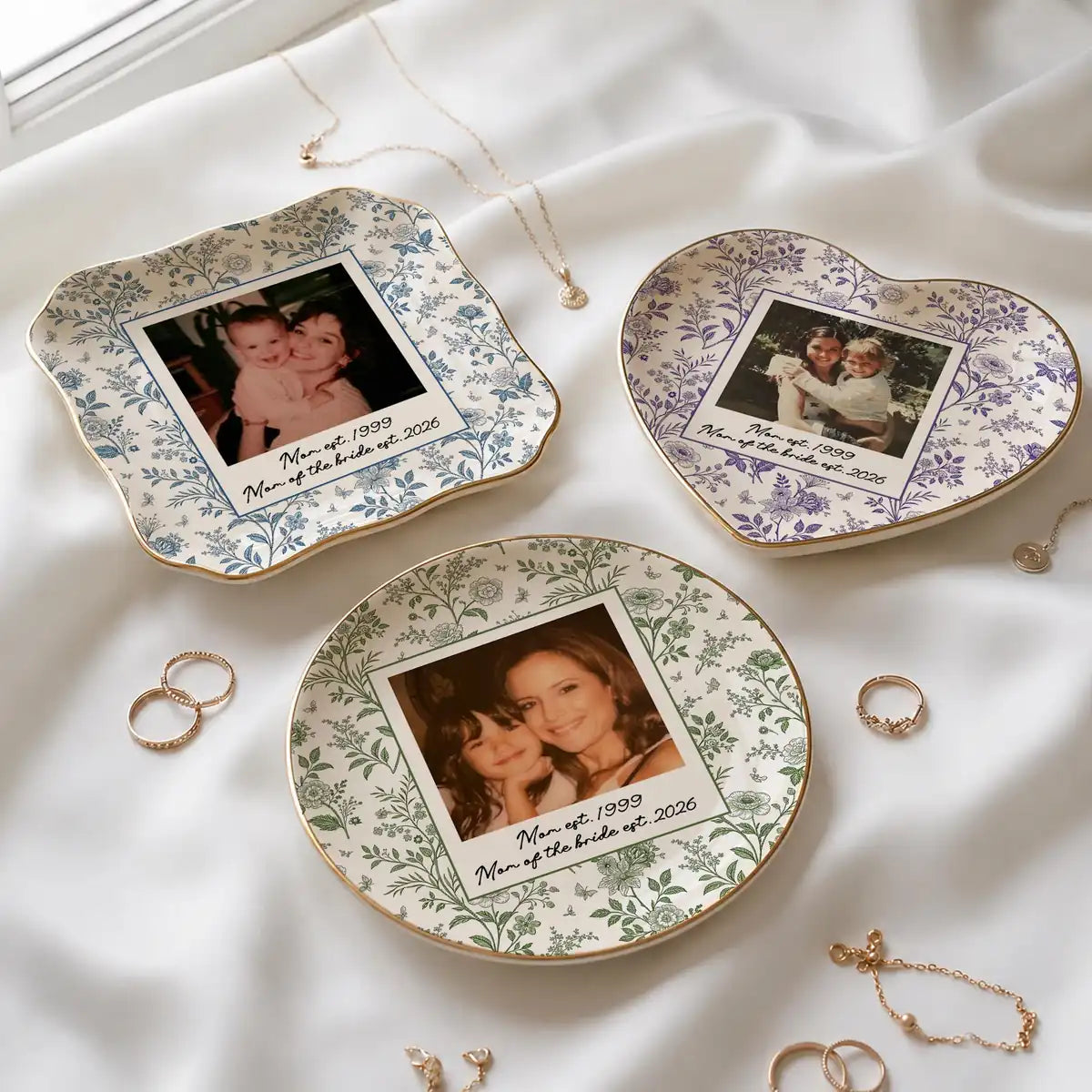 Custom photo wedding ring dish displayed elegantly on wooden bedroom nightstand