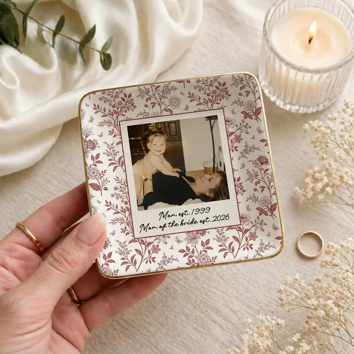 Custom photo wedding ring dish displayed elegantly on wooden bedroom nightstand