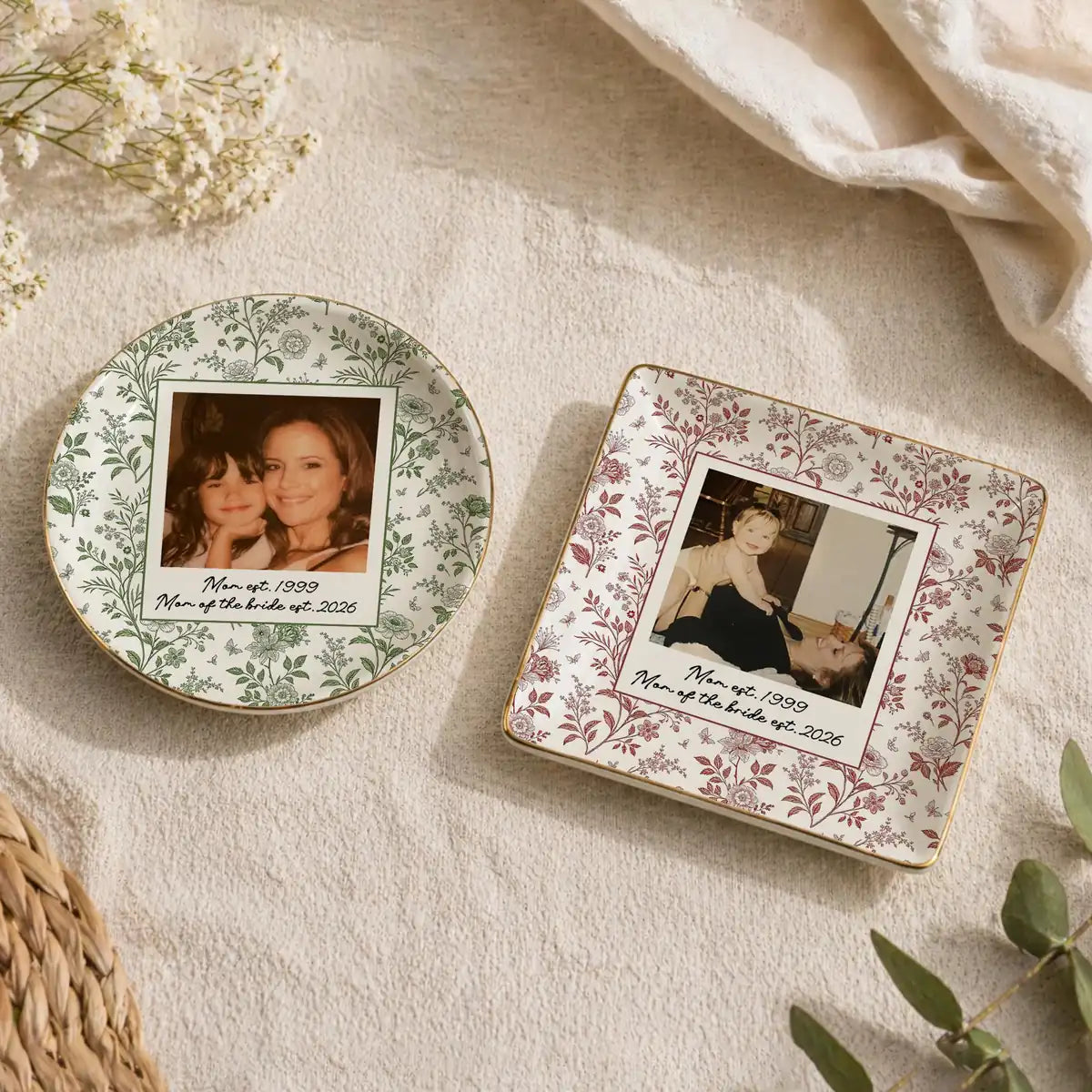 Custom photo wedding ring dish displayed elegantly on wooden bedroom nightstand