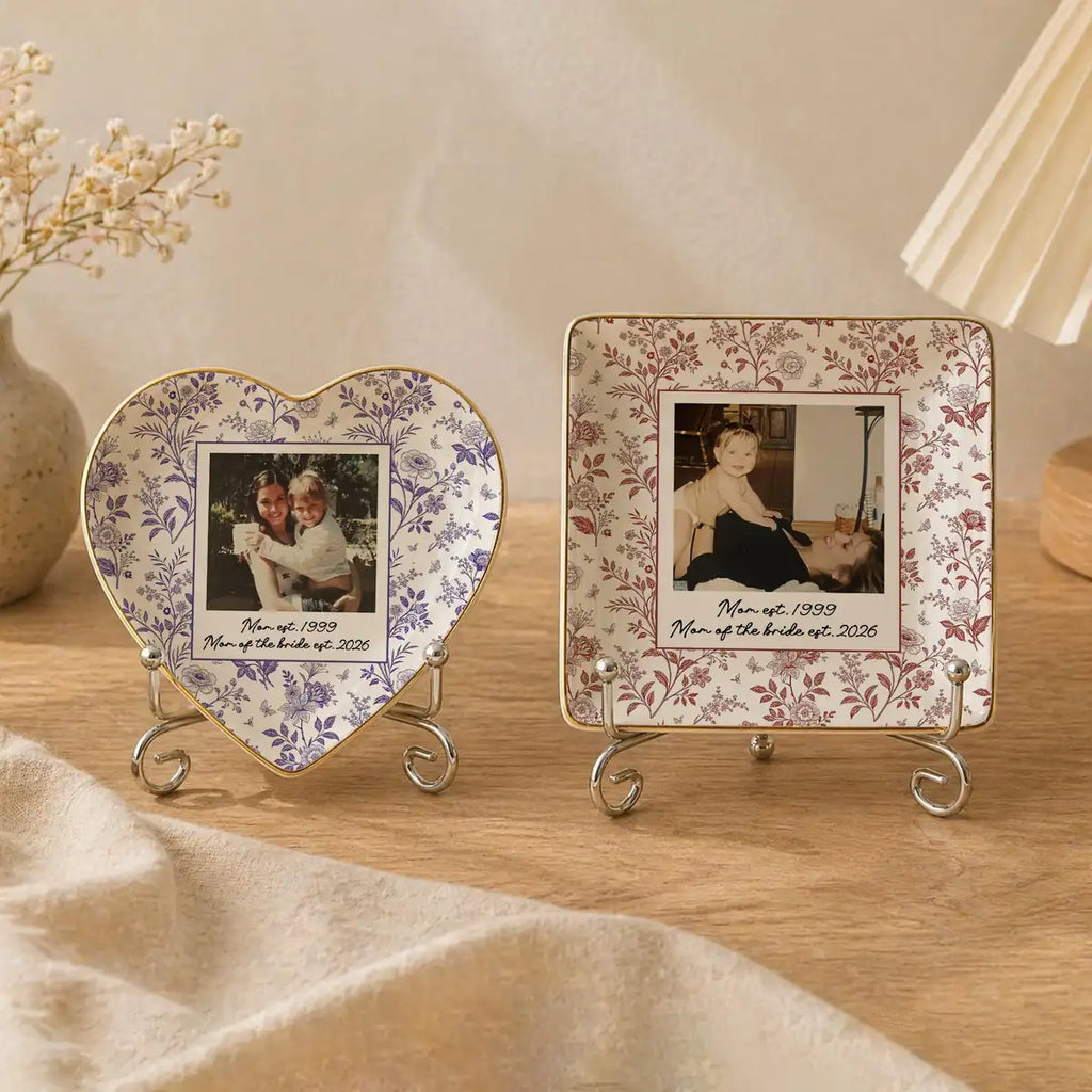 Custom photo wedding ring dish displayed elegantly on wooden bedroom nightstand