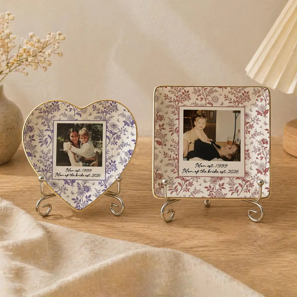 Custom photo wedding ring dish displayed elegantly on wooden bedroom nightstand
