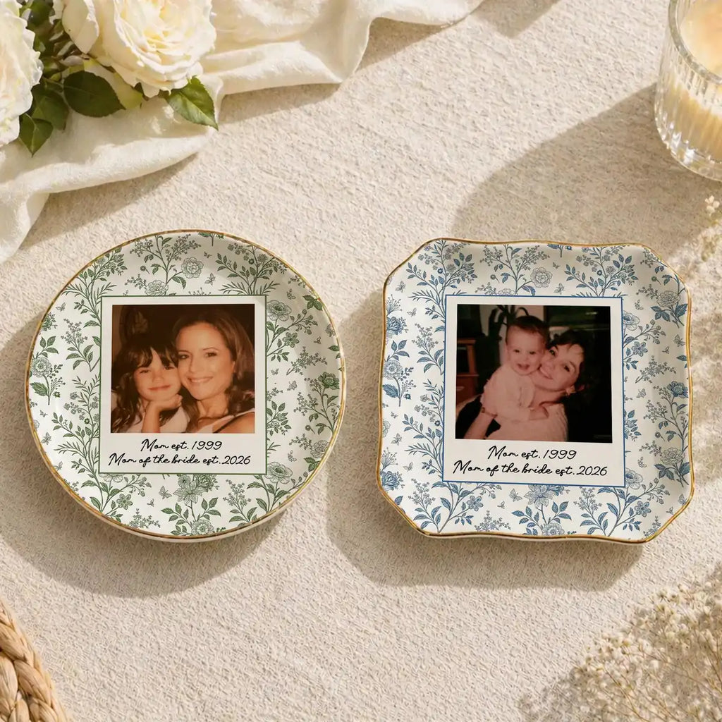 Custom photo wedding ring dish displayed elegantly on wooden bedroom nightstand