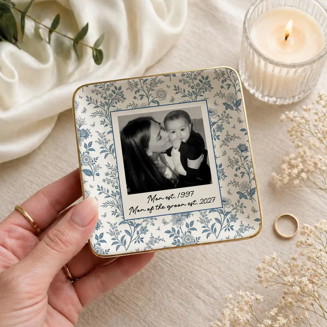 Custom photo wedding ring dish displayed elegantly on wooden bedroom nightstand