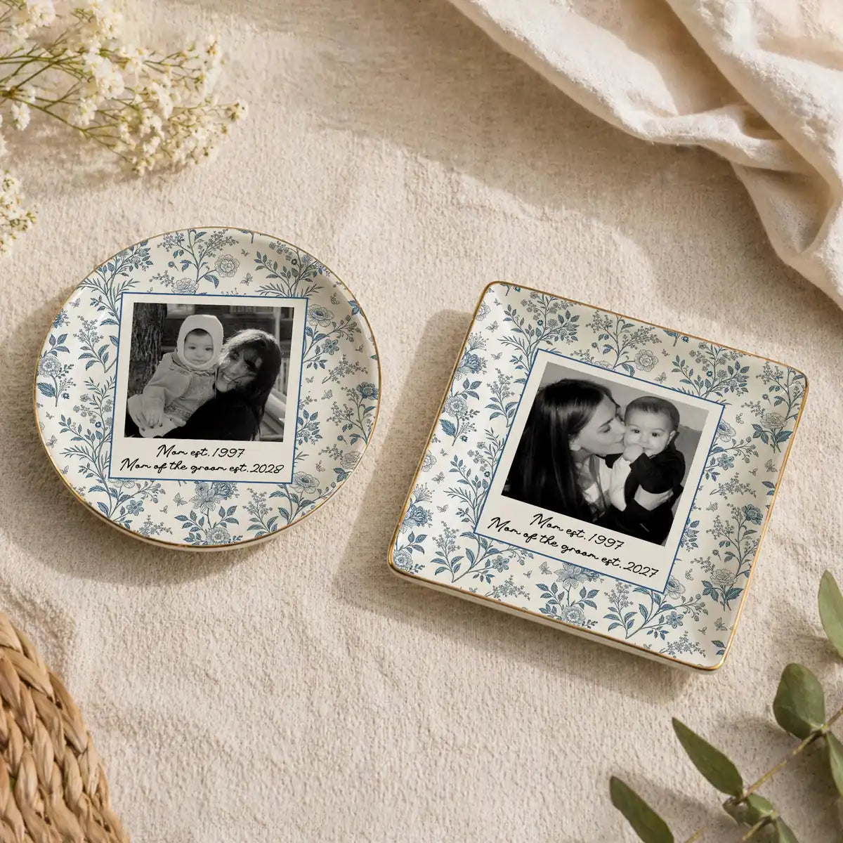 Custom photo wedding ring dish displayed elegantly on wooden bedroom nightstand