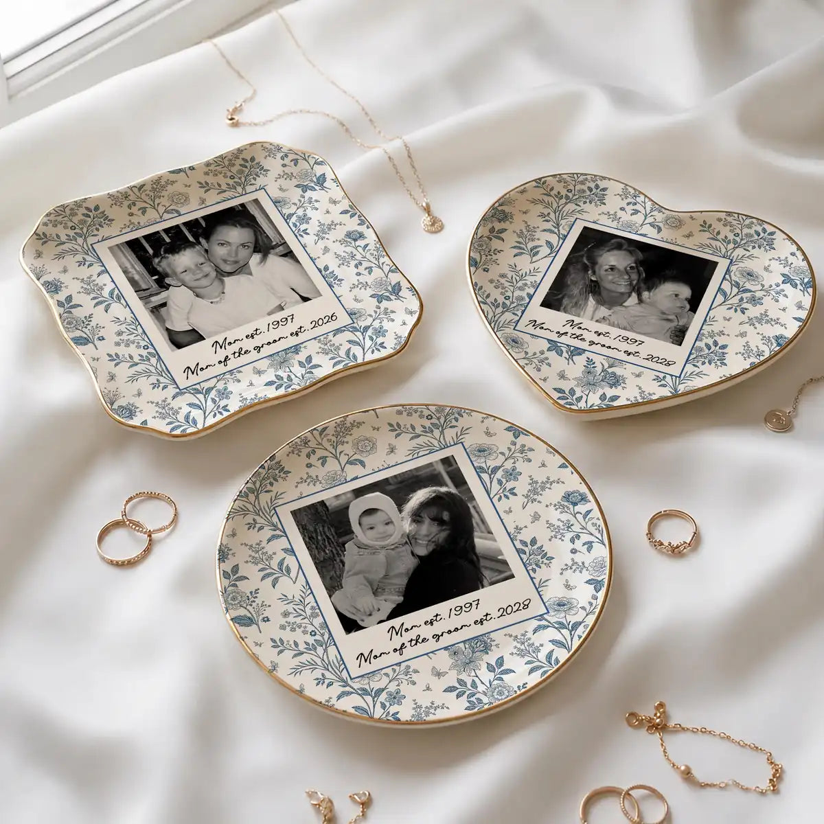 Custom photo wedding ring dish displayed elegantly on wooden bedroom nightstand