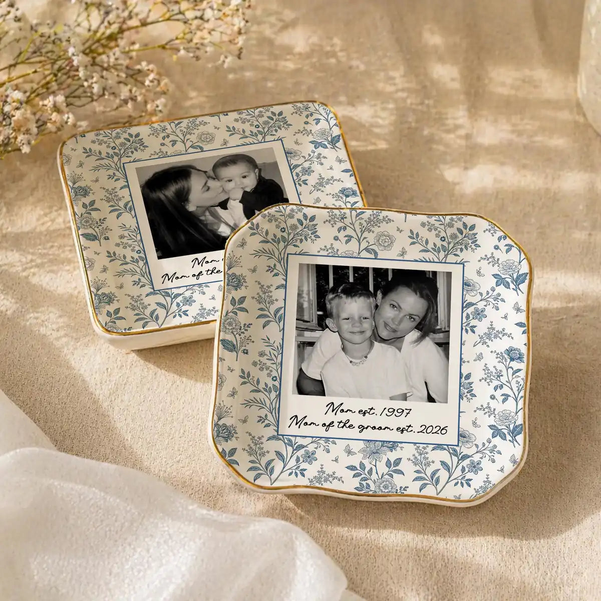 Custom photo wedding ring dish displayed elegantly on wooden bedroom nightstand