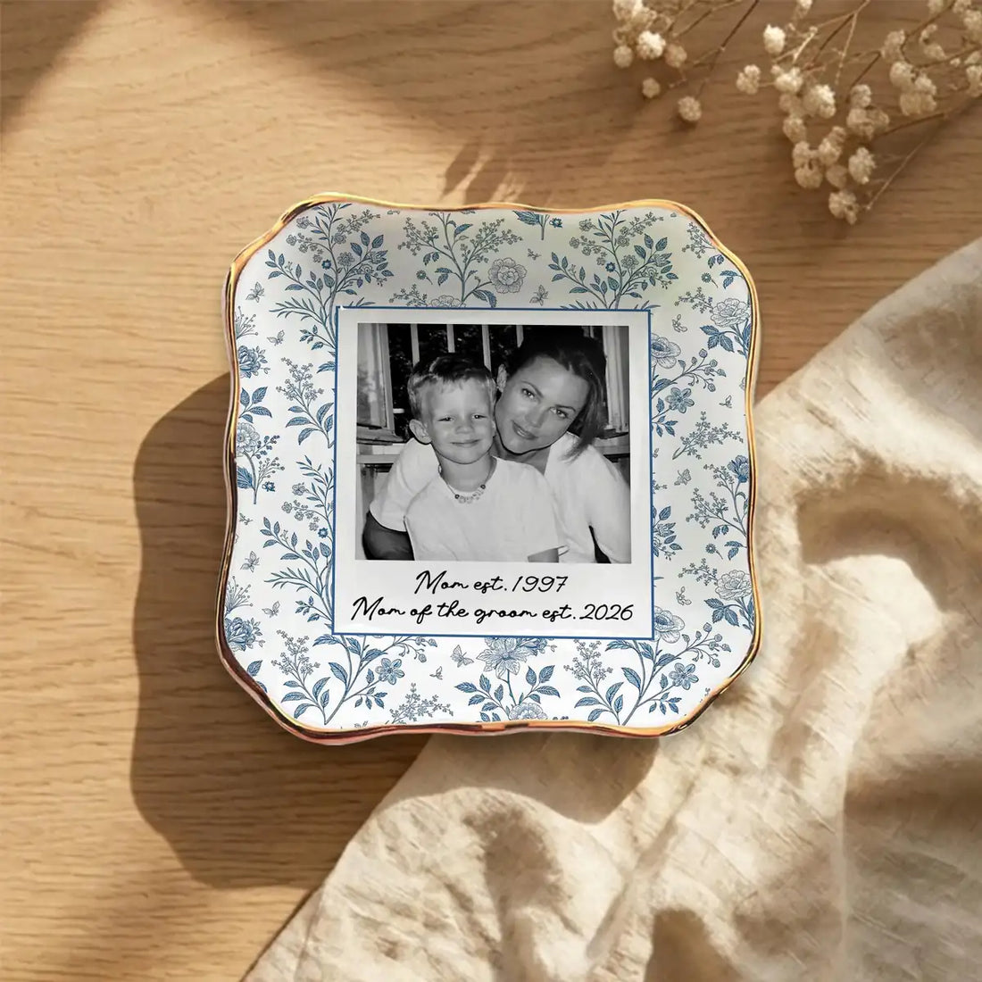 Custom photo wedding ring dish displayed elegantly on wooden bedroom nightstand
