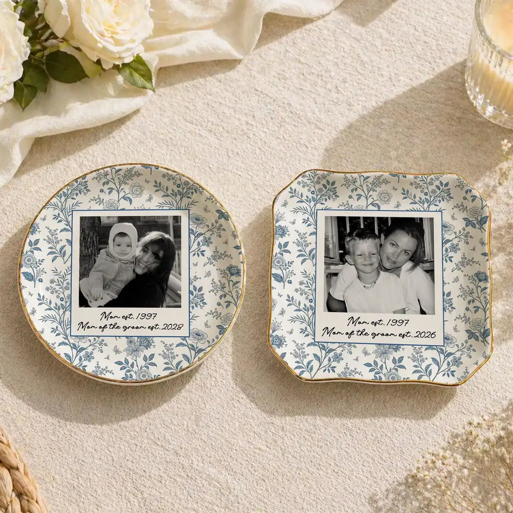 Custom photo wedding ring dish displayed elegantly on wooden bedroom nightstand