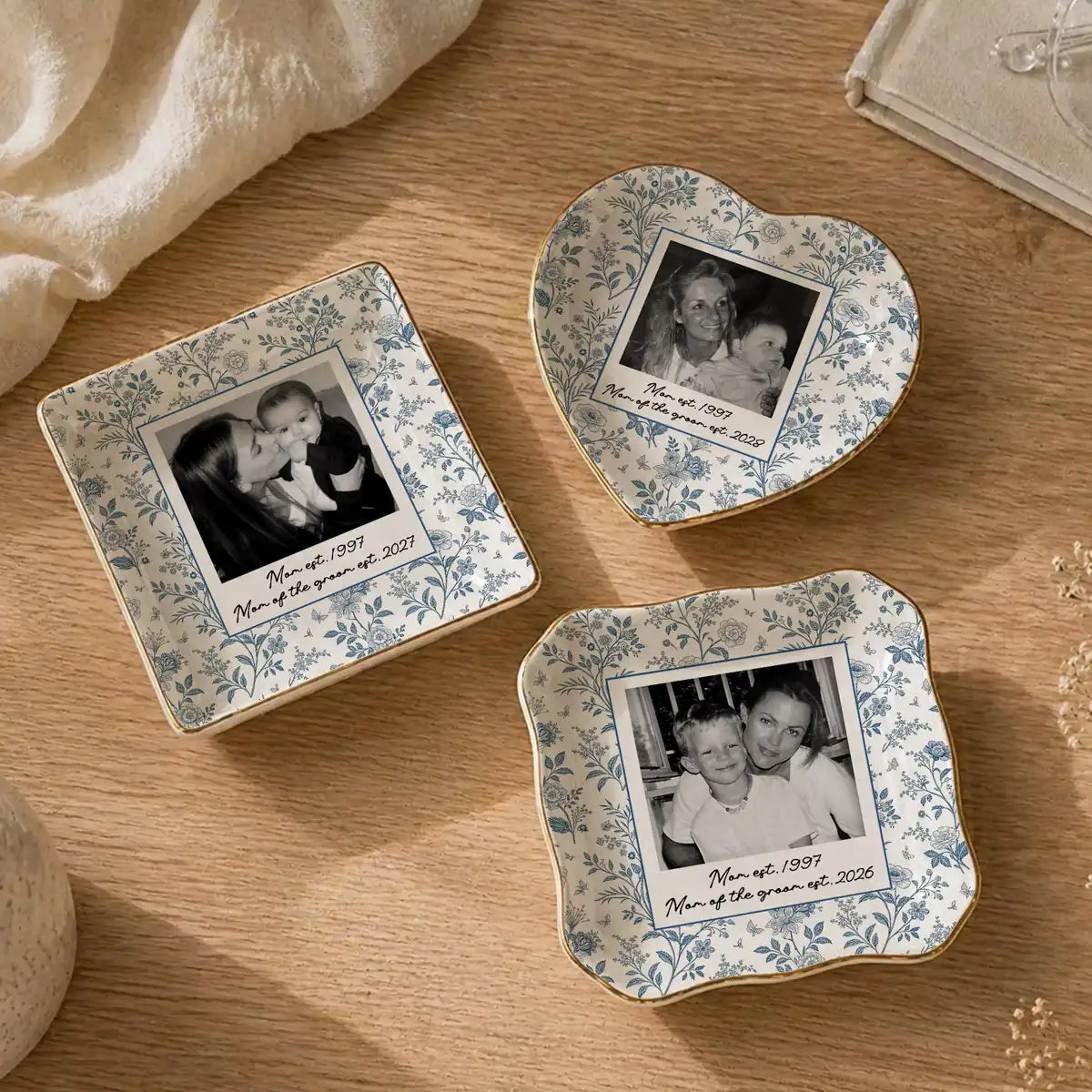 Custom photo wedding ring dish displayed elegantly on wooden bedroom nightstand