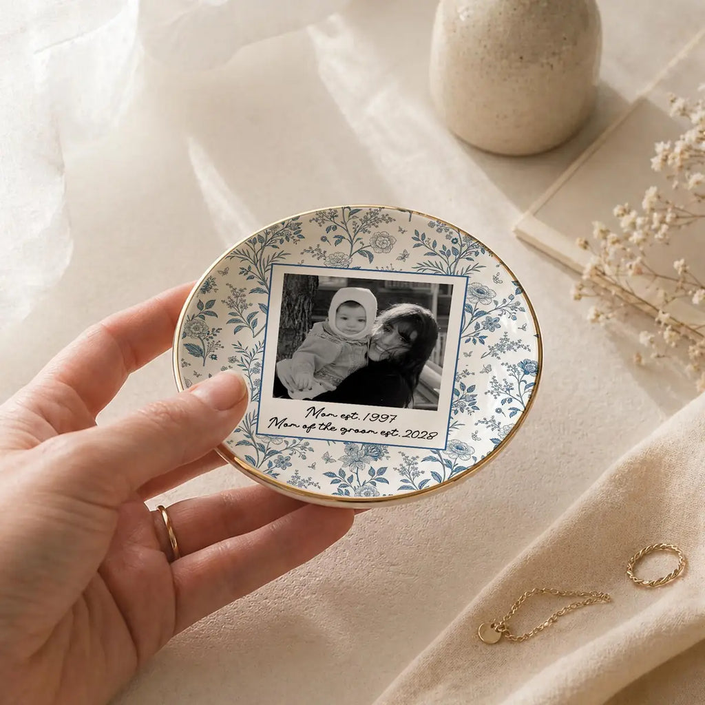 Custom photo wedding ring dish displayed elegantly on wooden bedroom nightstand