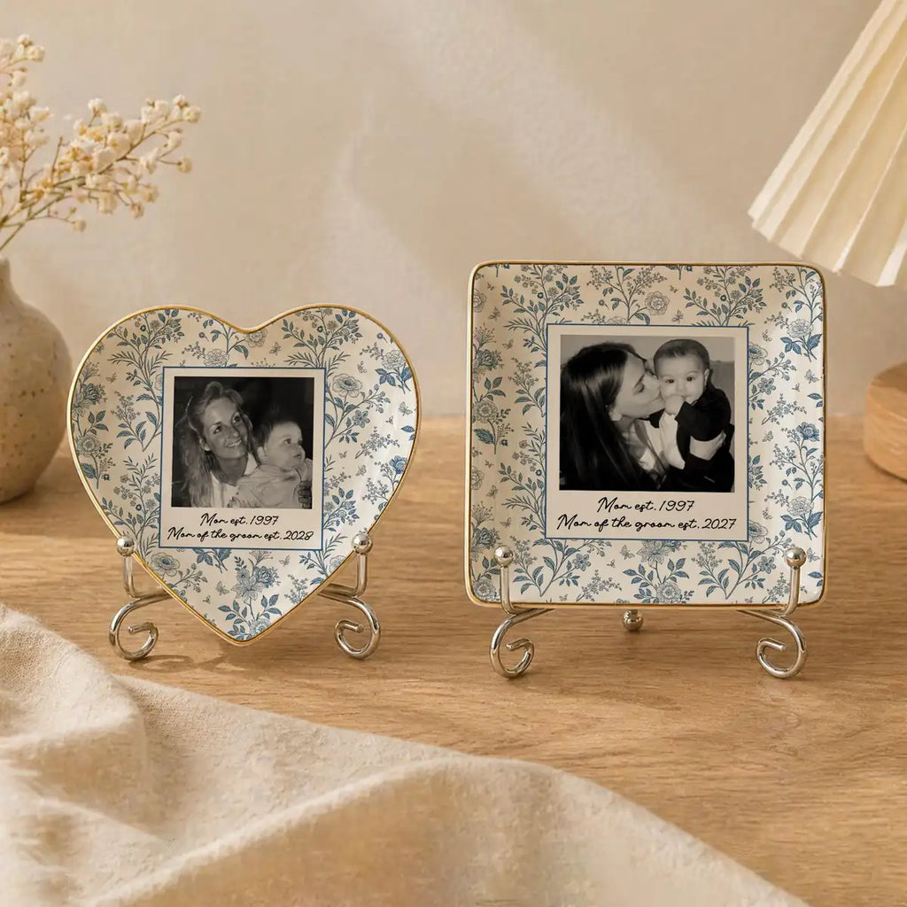 Custom photo wedding ring dish displayed elegantly on wooden bedroom nightstand