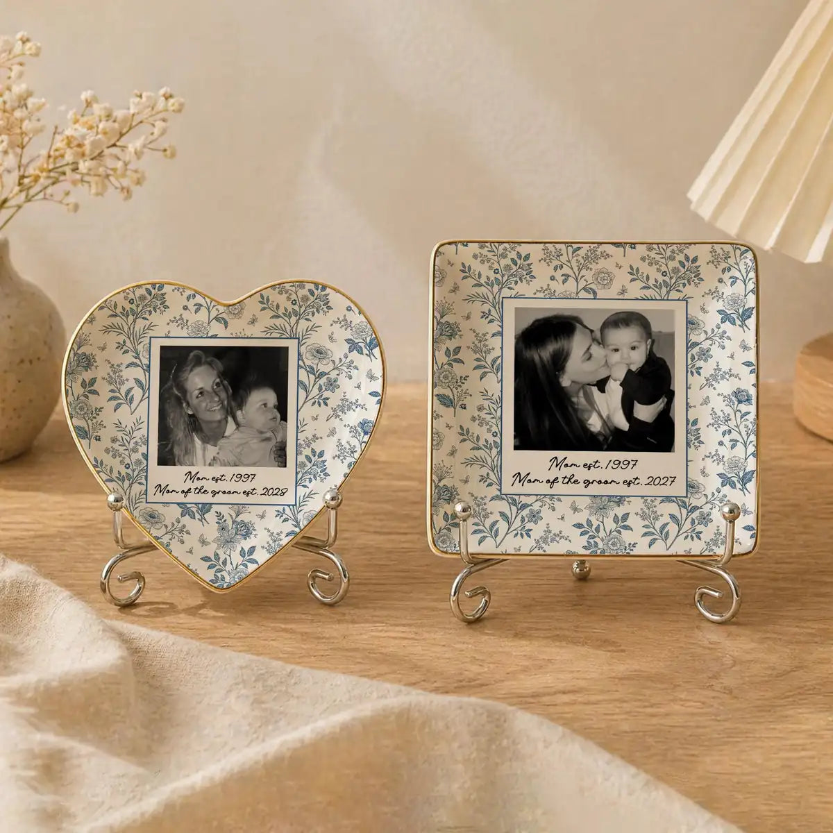 Custom photo wedding ring dish displayed elegantly on wooden bedroom nightstand