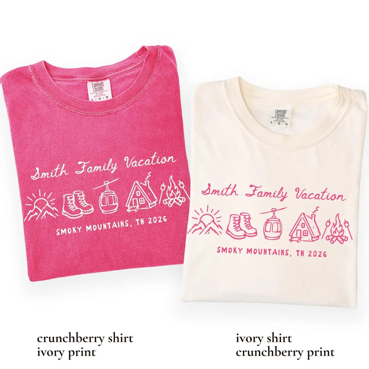 Folded Crunchberry and Ivory Comfort Colors tees side by side with Smith Family Vacation, boots, cabin and campfire