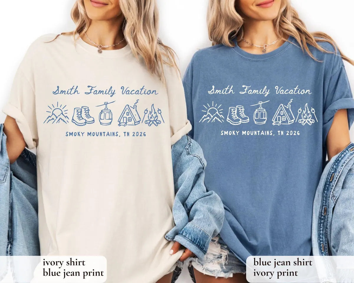 Two women in Ivory and Blue Jean Comfort Colors tees, one holding a denim jacket, Smith Family Vacation with a gondola