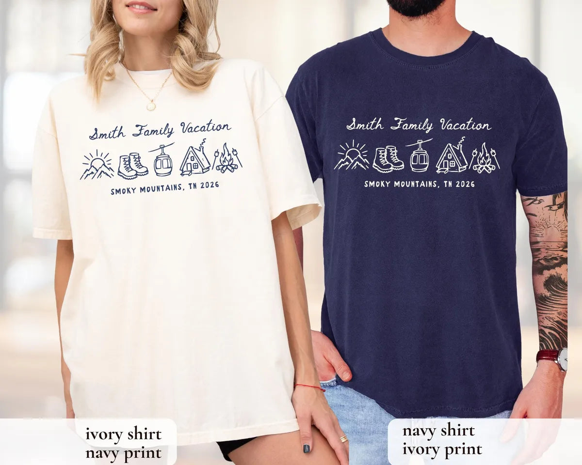 Woman and man in Ivory and True Navy Comfort Colors tees, Smith Family Vacation with a mountain, boots and gondola