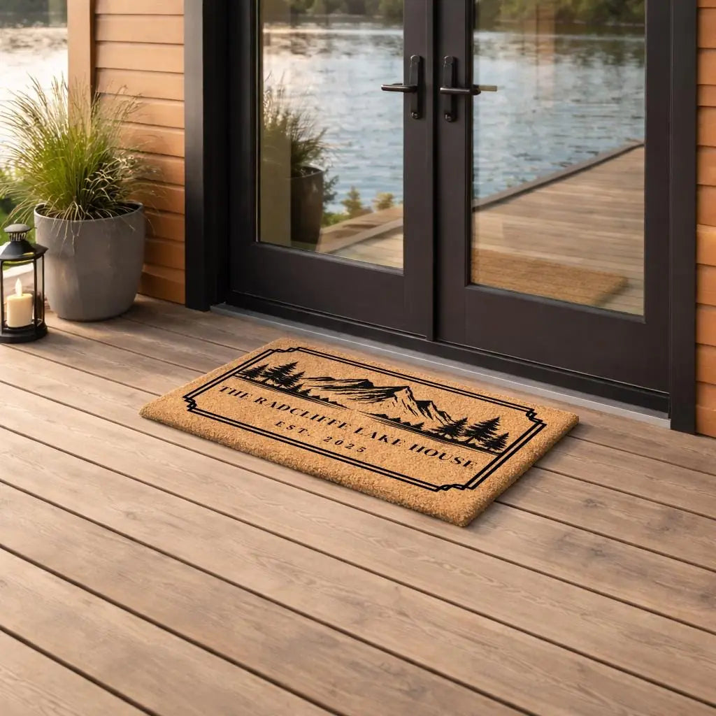 mountain forest custom cabin retreat personalized doormat flat lay 04