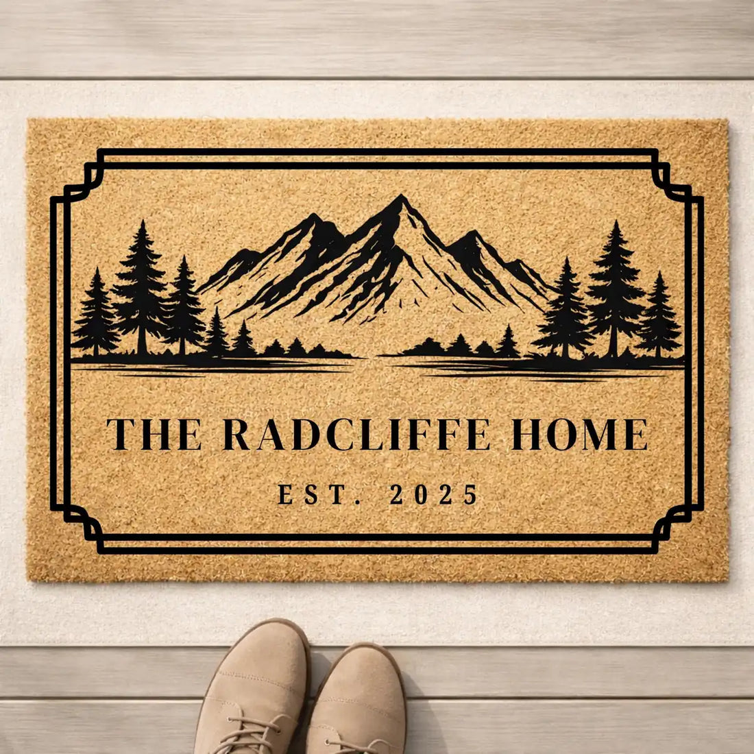 mountain forest custom cabin retreat personalized doormat flat lay 04