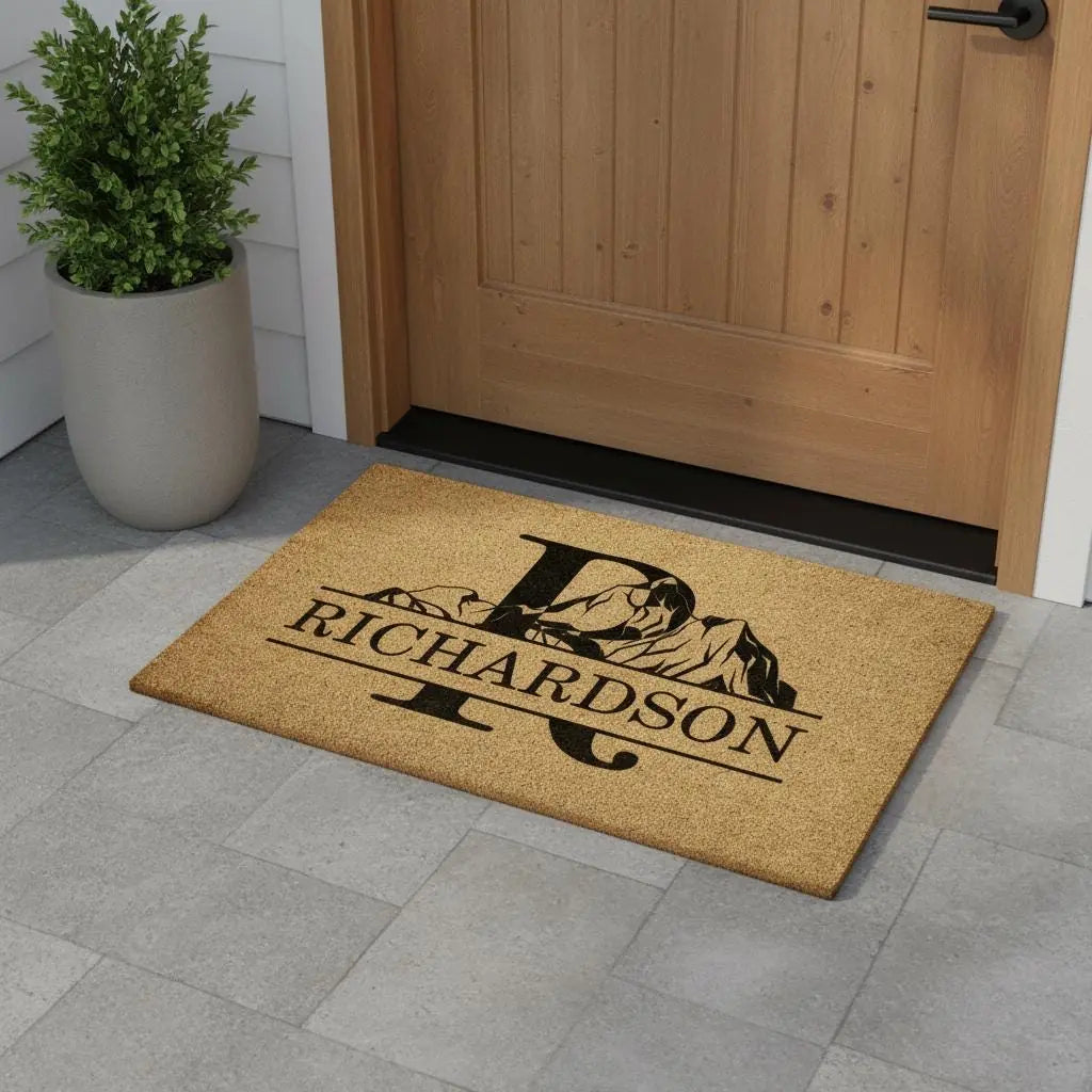 mountain monogram borderless family name personalized doormat flat lay 04