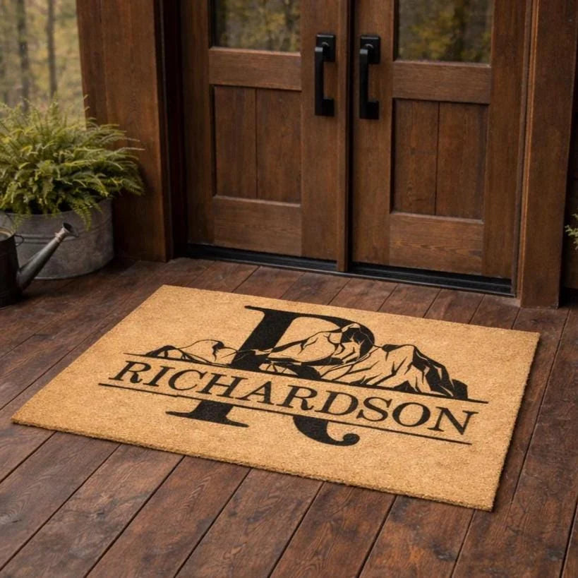 mountain monogram borderless family name personalized doormat measure 06