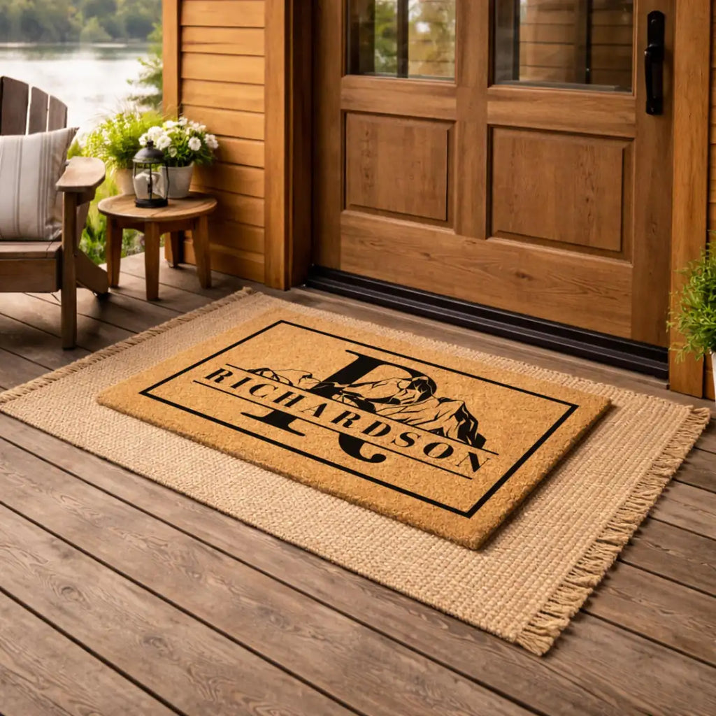 mountain monogram custom family name personalized doormat detail 03