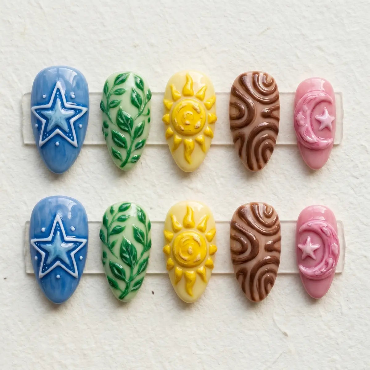 multi color 3d almond press on nails sun leaf star swirl mockup 01