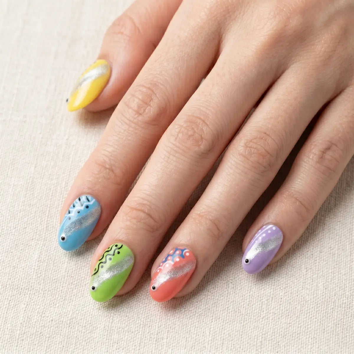 multi color hand painted oval short press on nails abstract frog lifestyle 02