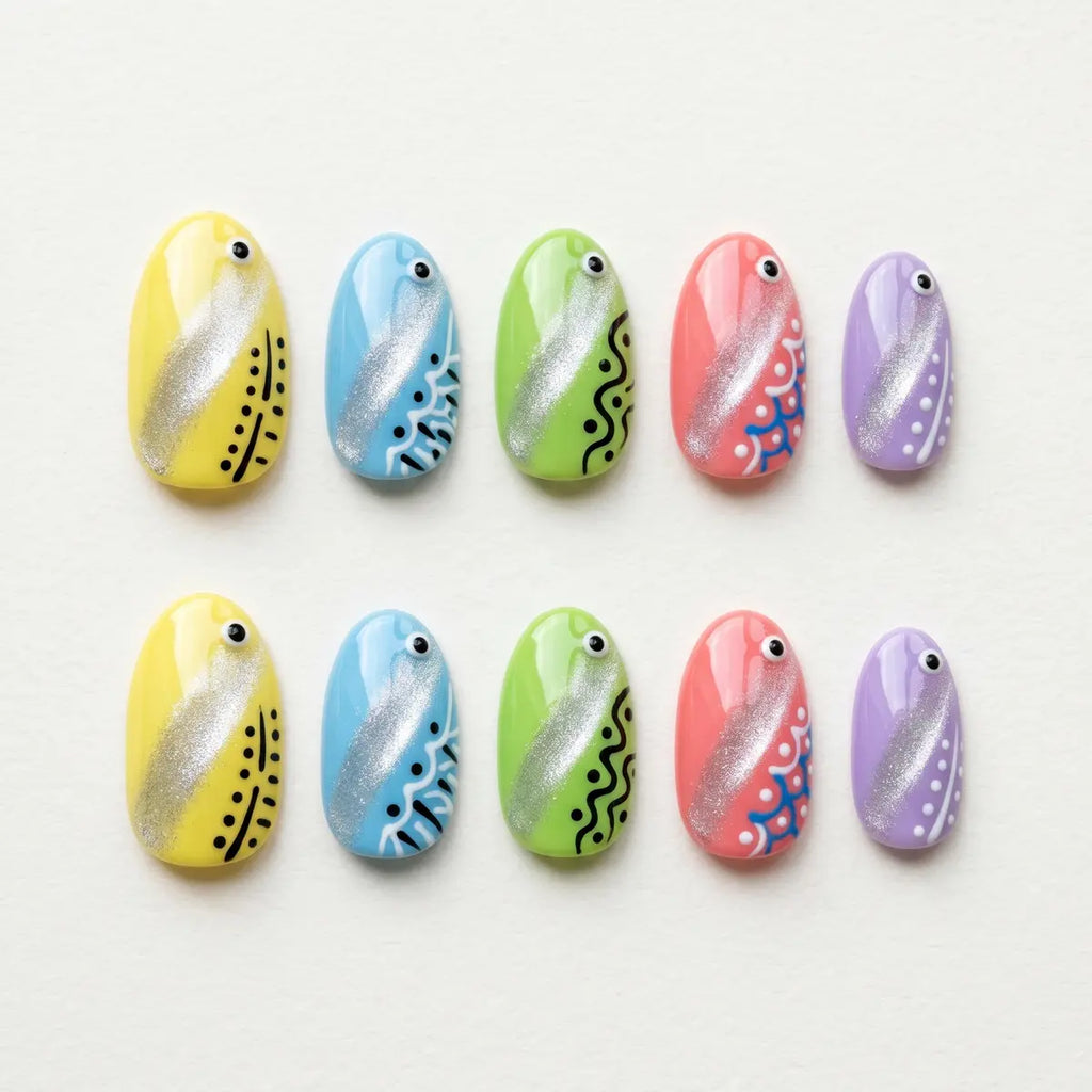 multi color hand painted oval short press on nails abstract frog mockup 01