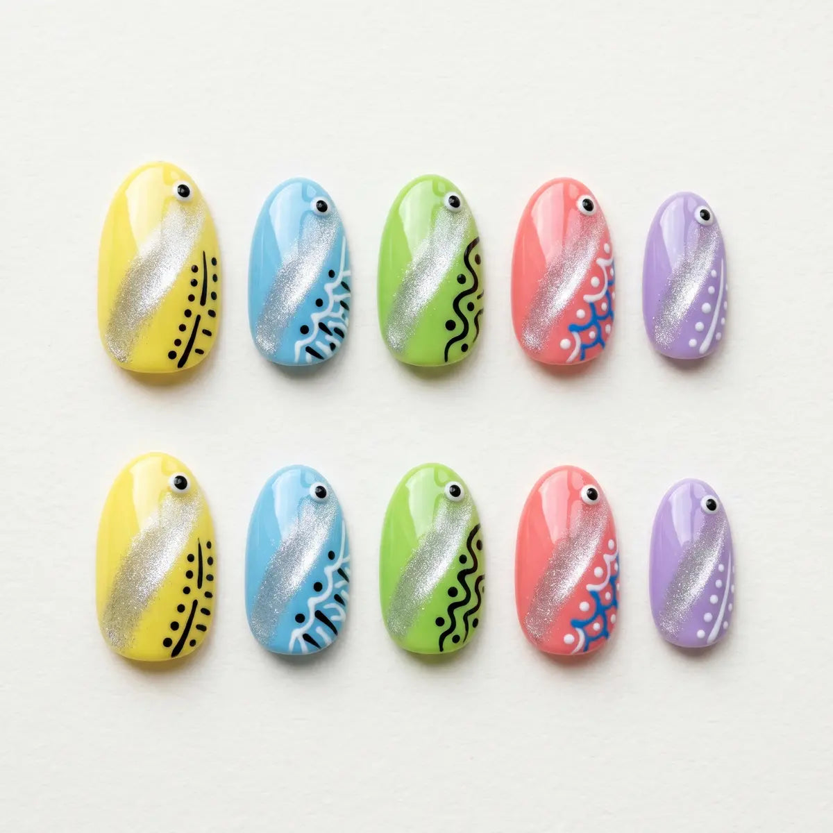 multi color hand painted oval short press on nails abstract frog mockup 01