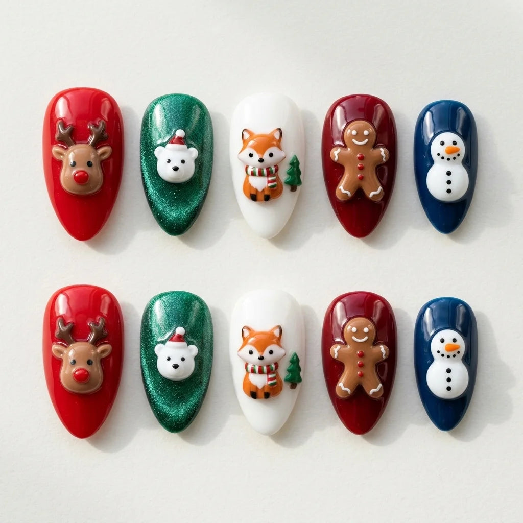 multicolor 3d almond press on nails christmas reindeer snowman glitter flat lay 04