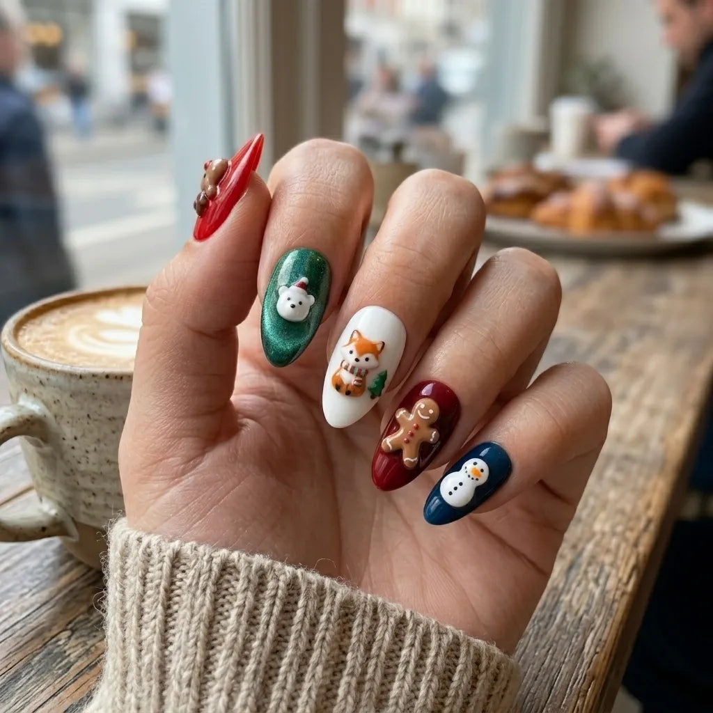 multicolor 3d almond press on nails christmas reindeer snowman glitter lifestyle 02