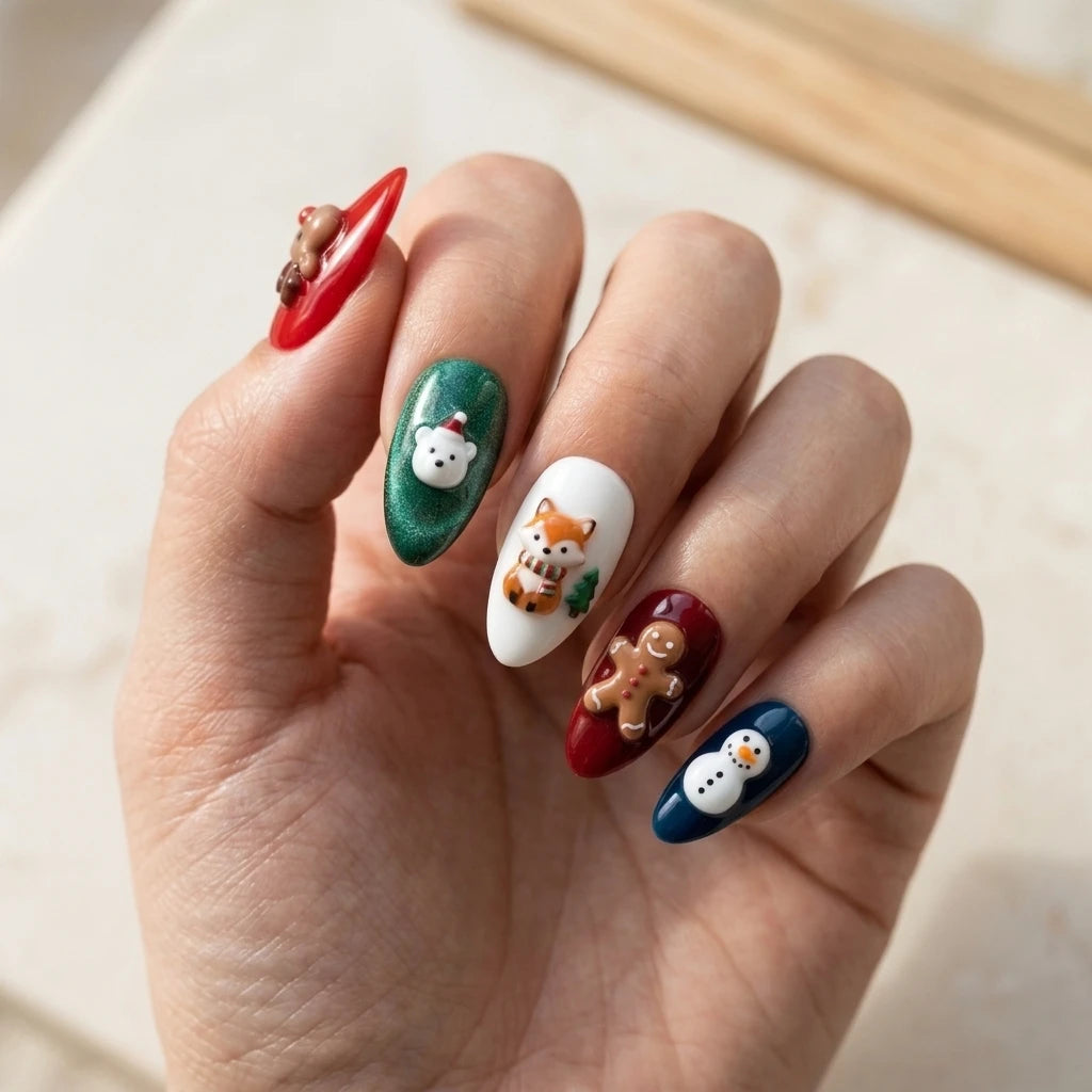 multicolor 3d almond press on nails christmas reindeer snowman glitter mockup 01