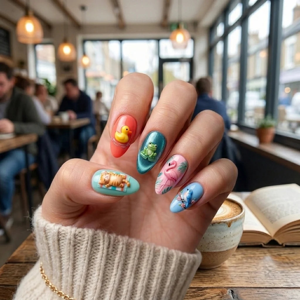 multicolor 3d almond press on nails summer animal cat duck frog detail 03
