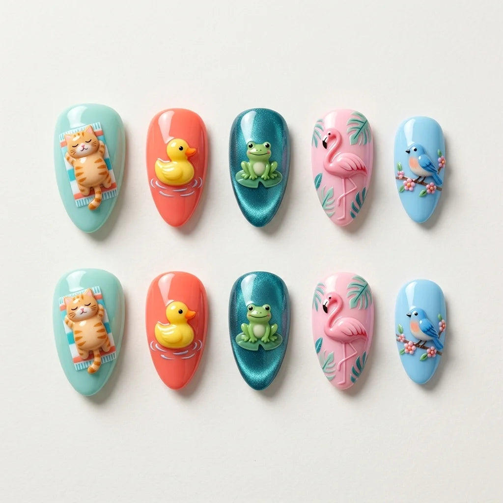multicolor 3d almond press on nails summer animal cat duck frog flat lay 04