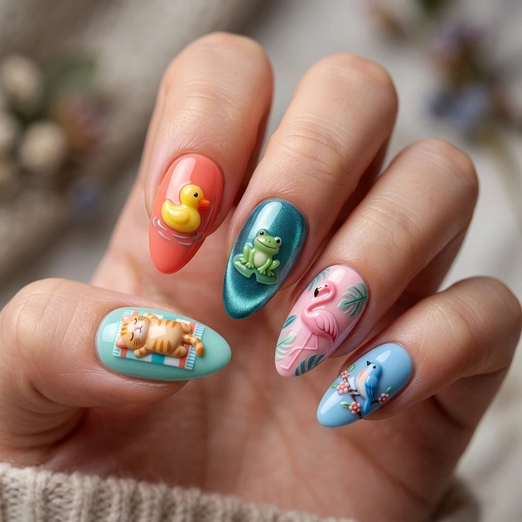 multicolor 3d almond press on nails summer animal cat duck frog lifestyle 02