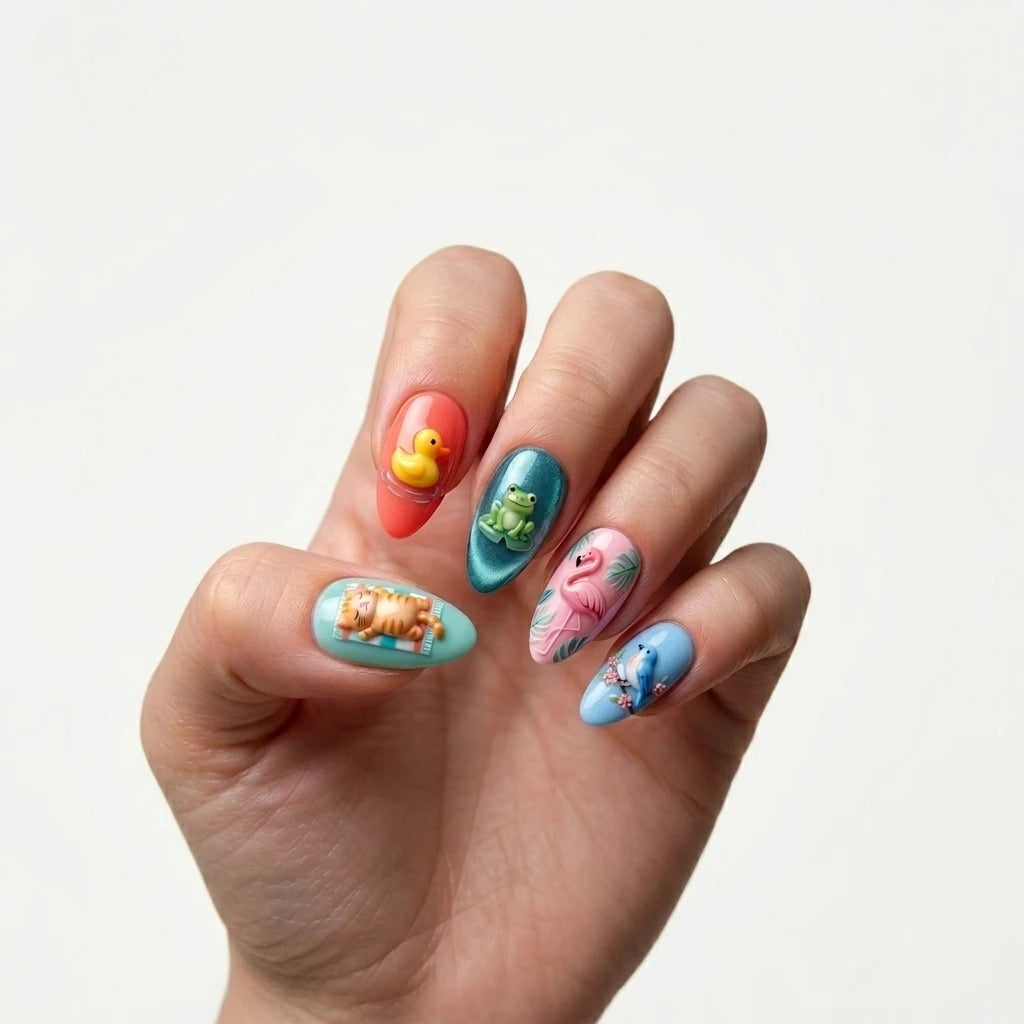 multicolor 3d almond press on nails summer animal cat duck frog mockup 01
