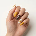 mustard brown ivory 3d hand painted fall almond press on nails plaid pumpkin flat lay 03