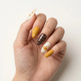 mustard brown ivory 3d hand painted fall almond press on nails plaid pumpkin flat lay 03