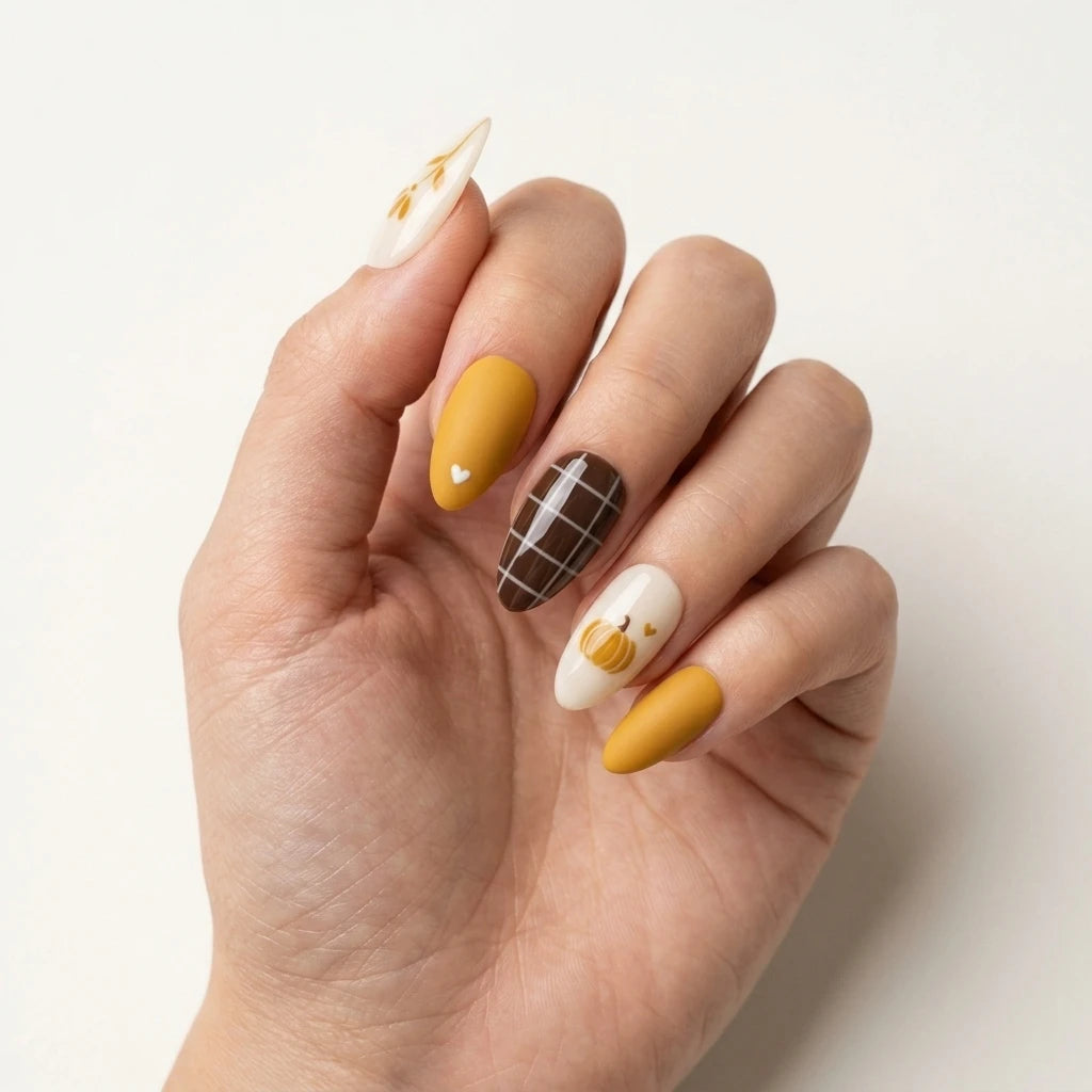 mustard brown ivory 3d hand painted fall almond press on nails plaid pumpkin flat lay 03