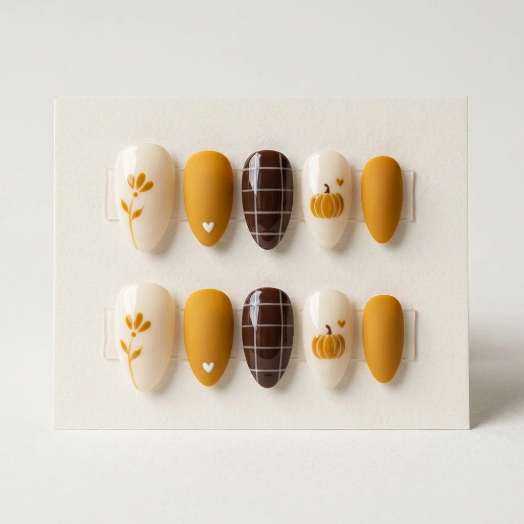 mustard brown ivory 3d hand painted fall almond press on nails plaid pumpkin lifestyle 02