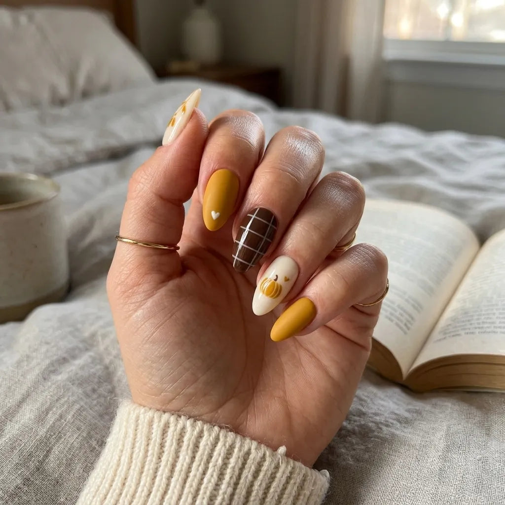 mustard brown ivory 3d hand painted fall almond press on nails plaid pumpkin mockup 01