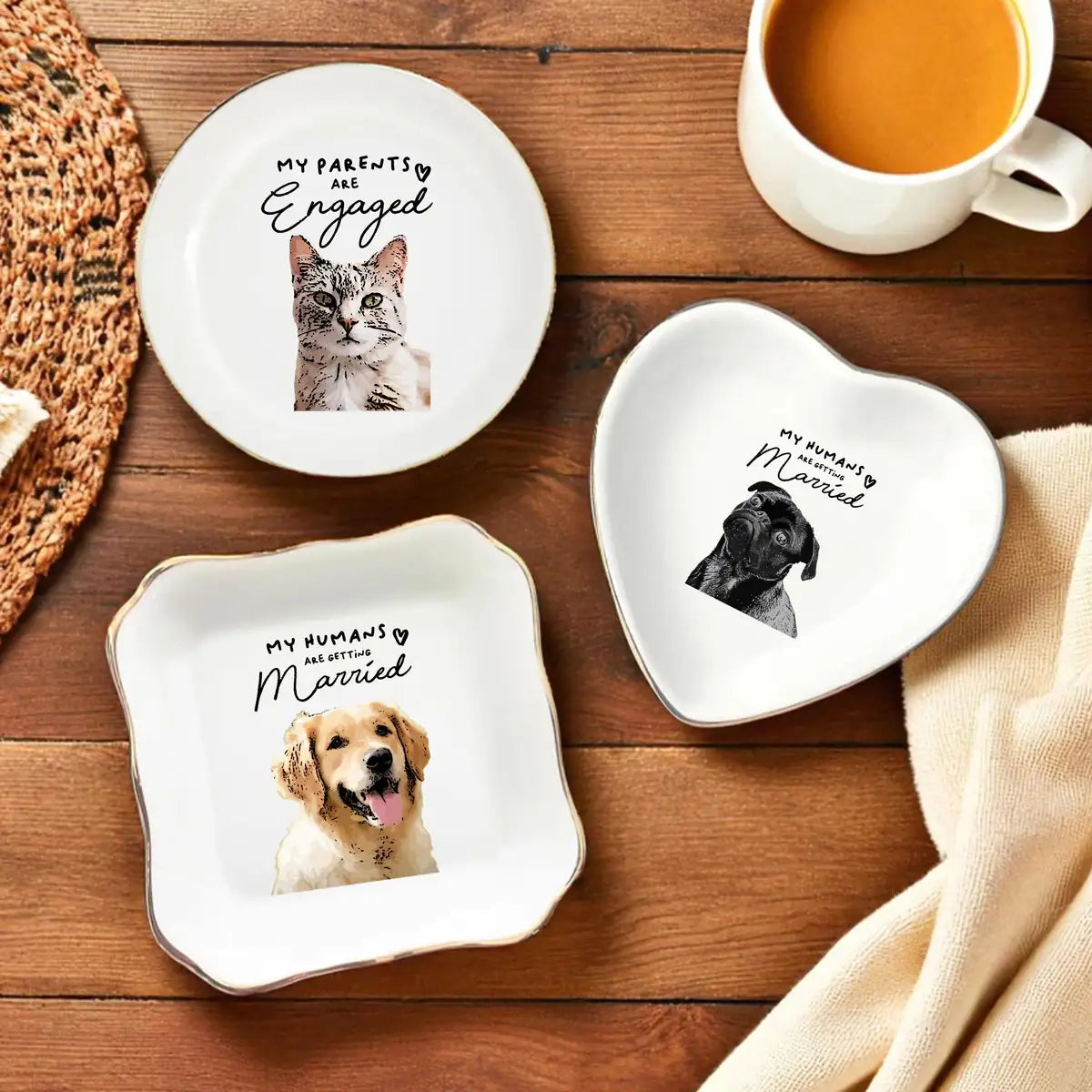 Personalized ceramic ring dish with custom photo and text for wedding, main front view