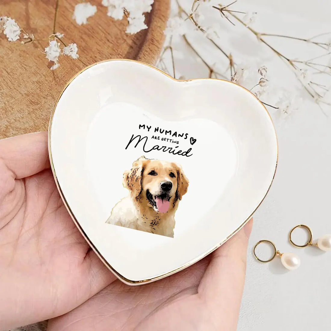 Custom photo wedding ring dish displayed elegantly on wooden bedroom nightstand