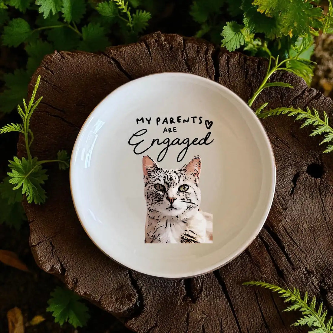 Custom photo wedding ring dish displayed elegantly on wooden bedroom nightstand
